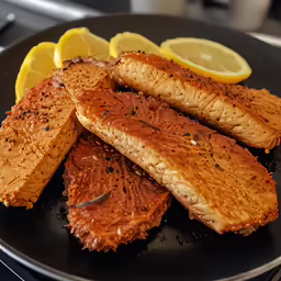 a plate full of cooked fish and lemon slices