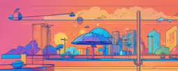 a painting of blue and pink umbrellas against a city skyline,a drawing of an outdoor cafe area, with an umbrella covered patio, overlooking city