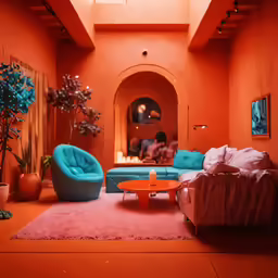 this room has a blue couch and a table