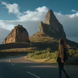 a woman is walking away on a road in the mountains