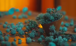 a bunch of blue balls on a brown table
