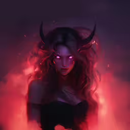 a woman with horns and glowing eyes standing in smoke,woman with red eyes and demon horns in fire