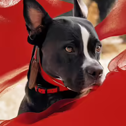 black and white dog in a red draped costume