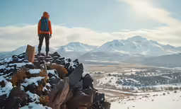 the man is standing on top of the snowy mountain
