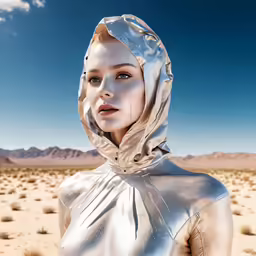 woman in metal outfit in open area with desert scenery