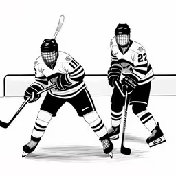 two hockey players playing with their stick in black and white,an ink drawing of two hockey players