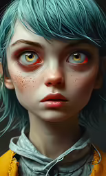 a close up of a woman with blue hair