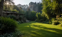 a green yard with stairs and trees next to a house