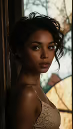 a woman is posing in a brown tank top