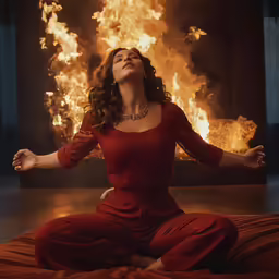 a woman sitting in a red yoga position on the floor