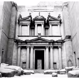 a black and white photo of an ancient building