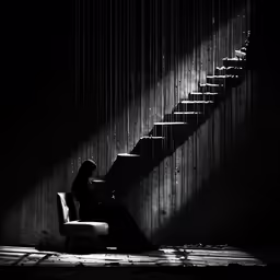 a person is sitting down on the stairs and working