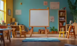 a toy easel with an empty whiteboard next to tables and chairs