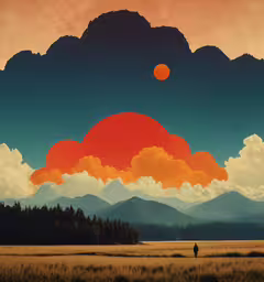 a person walking through a grass field under clouds,a person is walking through an empty field near the mountains