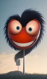 an odd, colorful, cartoon head is placed on top of a tall pole