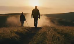 two men walking up a trail to the sun