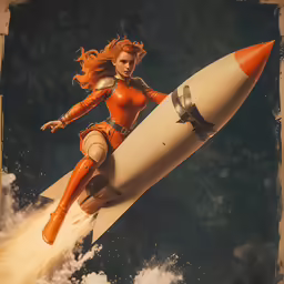 a painting of a woman on a rocket, riding on a small, white object