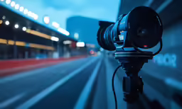 a camera attached to a street with buildings in the background