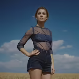a beautiful woman standing in front of a field