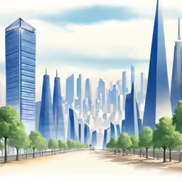 a drawing of a city and people walking on a street