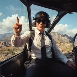 the man in a pilot uniform is holding a rock and pointing to the sky
