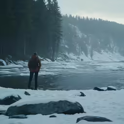 a man in a red jacket stands next to water