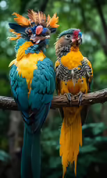 two brightly colored birds are standing next to each other