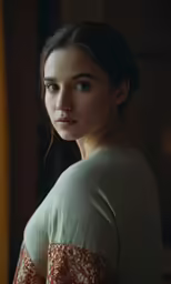 a woman in a brown and red dress