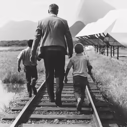 a man and two small kids are walking down a train track with a plane in the background