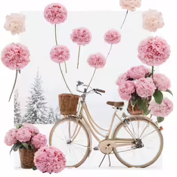 a bicycle parked in front of a bouquet of flowers