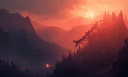 a red, cloudy sky with mountains and trees