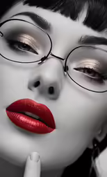 a woman with glasses has lipstick on her face