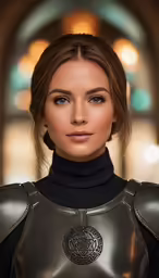 a young woman dressed in leather and looking at the camera