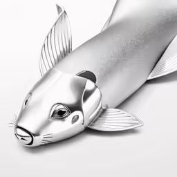 a metal fish is featured in a silver picture