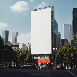 a large billboard on the corner in front of tall buildings