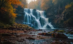 a waterfall in the forest on a sunny day