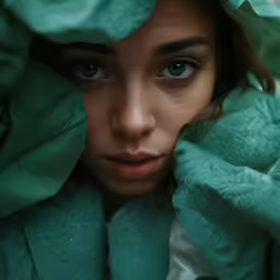 a woman wearing green covers and blue eyes