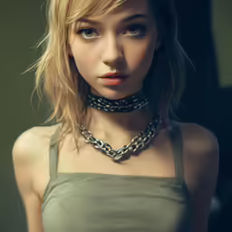 a young woman with blonde hair and wearing chains necklace