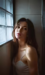 woman sitting beside window with glass in dark room