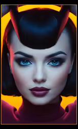 a woman with black hair, a red dress and blue eyes