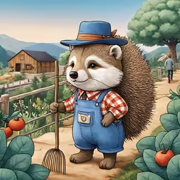 a drawing of a raccoon wearing overalls and hat