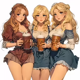 three girls with beer in their hands are holding mugs