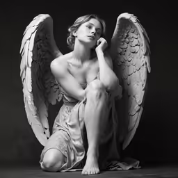 a woman sitting down on the ground with angel wings