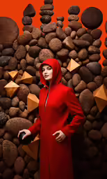 a woman with a red coat and a red scarf stands in front of rocks