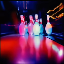 bowling pins lined up in a row on a bowling table