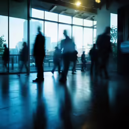 blurred image of many people walking in front of a window