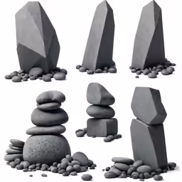 a group of rocks sitting in gravel next to each other