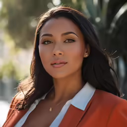 a woman wearing a suit and tan blazer is posing for the camera