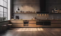 a kitchen with wooden counter tops next to windows