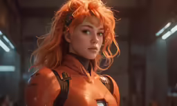 a woman with orange hair and a gun